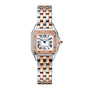 The Cartier Panthère de Cartier Small Model features a square face with Roman numerals, a diamond bezel, and a silver and rose gold metal link band.