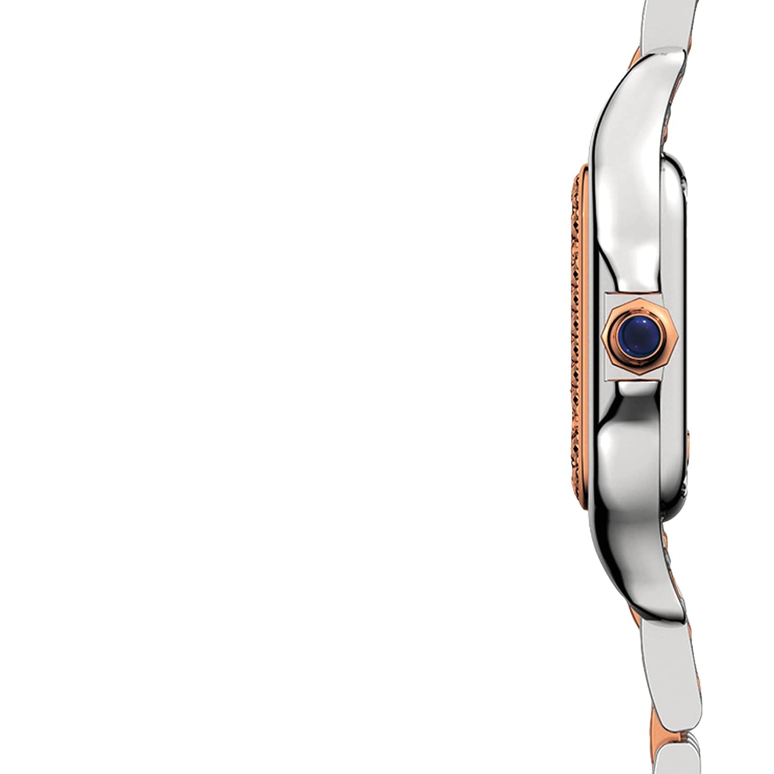 Side profile of the Panthère de Cartier Small Model by Cartier, featuring a silver rounded case, gold crown with a blue stone, and metal bracelet with rose gold accents, shown against a plain white background.