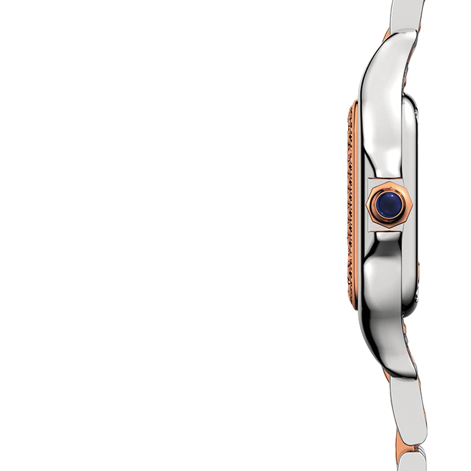 Side profile of the Panthère de Cartier Small Model by Cartier, featuring a silver rounded case, gold crown with a blue stone, and metal bracelet with rose gold accents, shown against a plain white background.