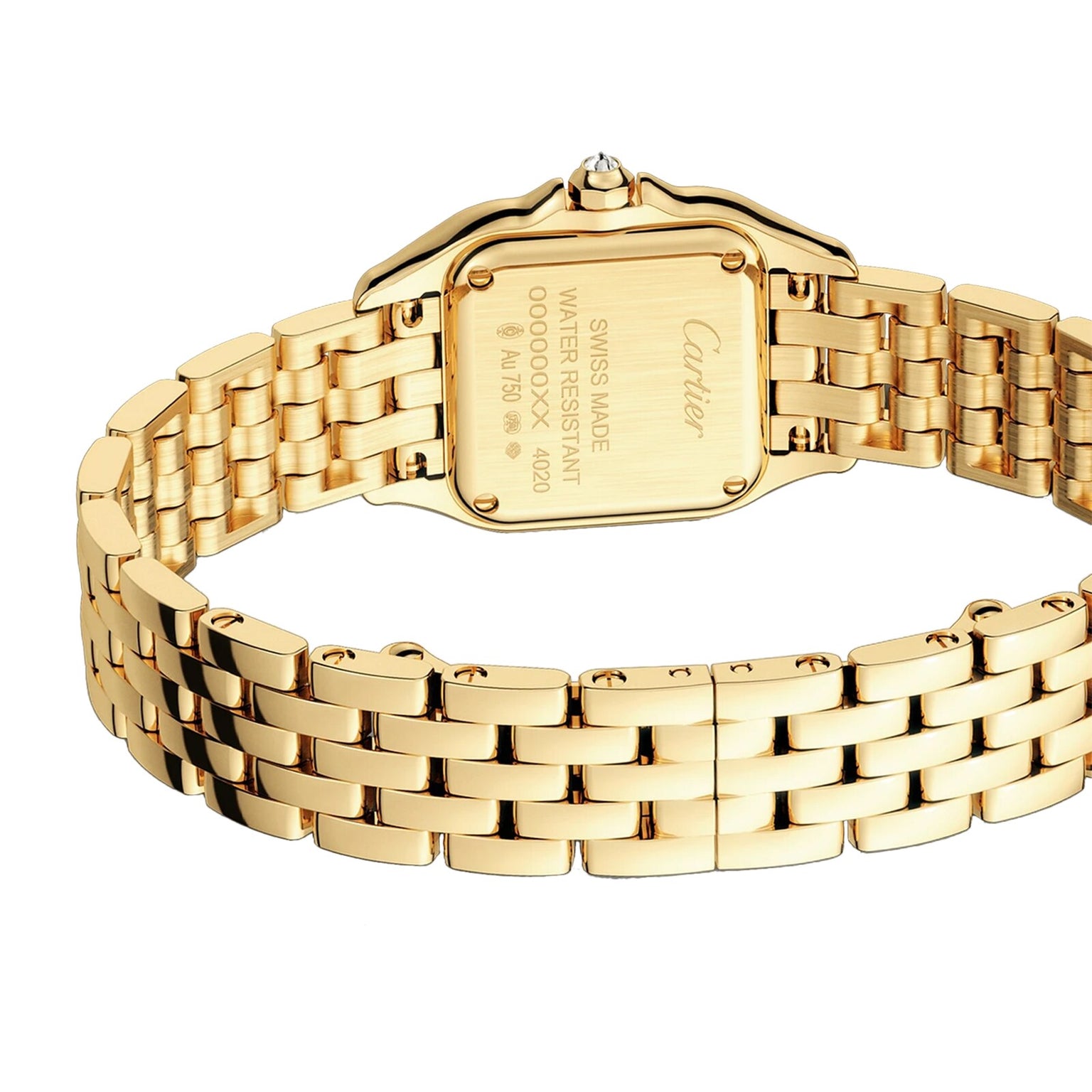 Close-up of the back of the Cartier Panthère de Cartier Small Model, highlighting its yellow gold metal bracelet and engraved case back details.