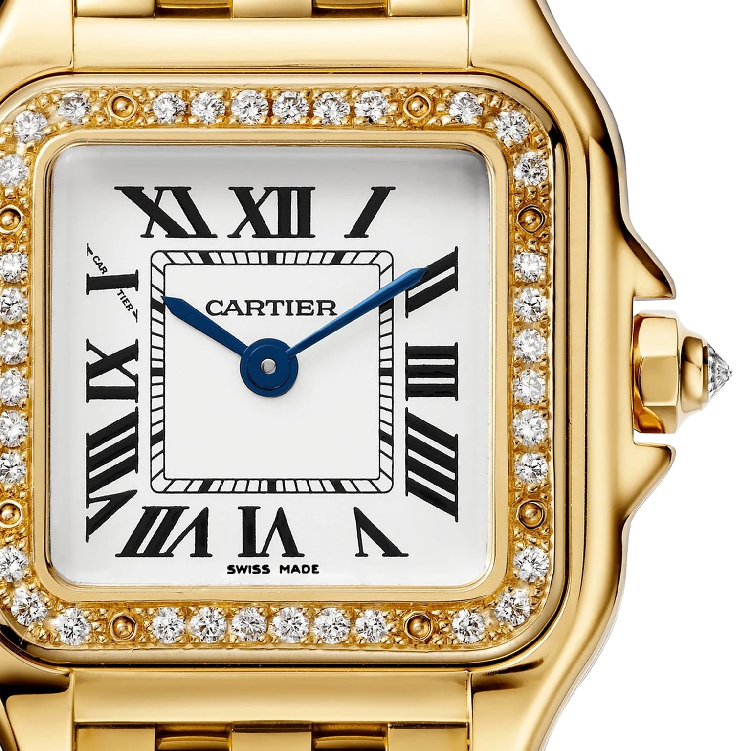 Close-up of the Panthère de Cartier Small Model watch by Cartier, featuring a square white dial with Roman numerals, blue hands, a yellow gold case set with brilliant-cut diamonds, and a yellow gold link bracelet.