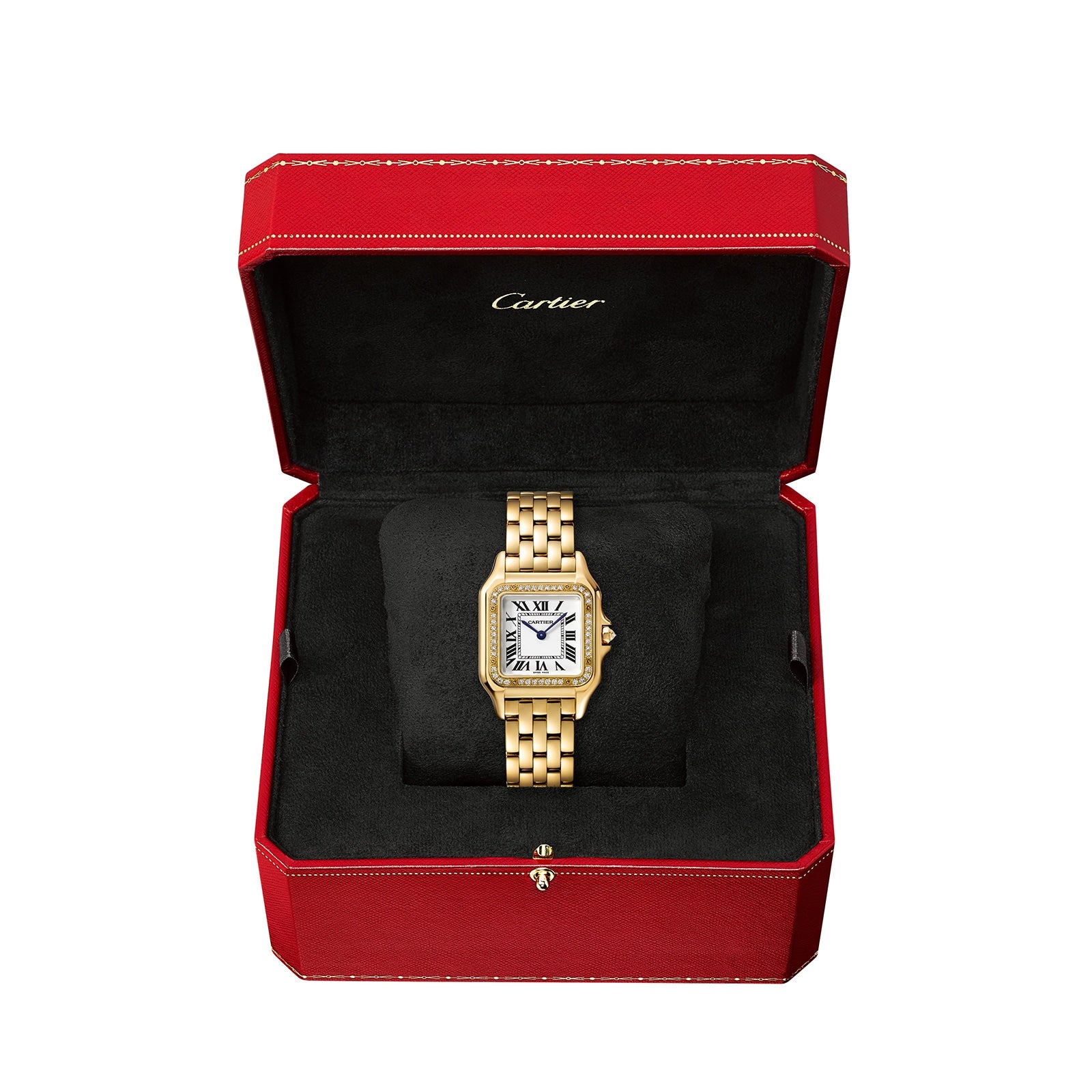 A Panthère de Cartier gold wristwatch with a square face comes in a red and black Cartier box.