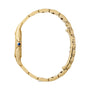 A side view of the Panthère de Cartier watch by Cartier, showcasing its linked gold band and a blue gemstone crown—an elegant classic from the renowned brand.