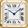 Close-up of the Panthère de Cartier watch by Cartier, featuring Roman numerals, blue hands set at 10:10, and a gold square bezel—a refined tribute to classic elegance.