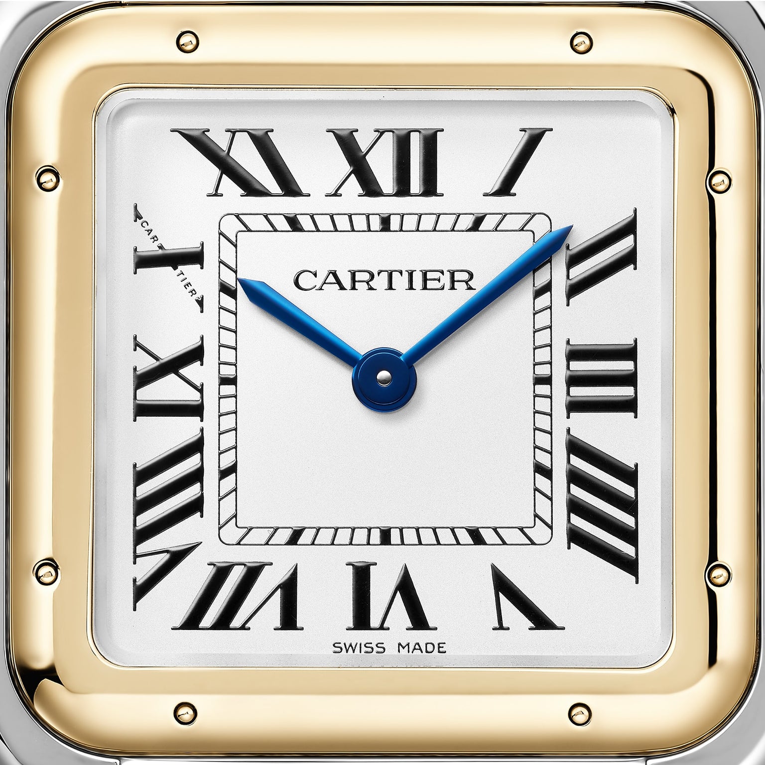 Close-up of the Panthère de Cartier watch face by Cartier, featuring blue hands, Roman numerals, and a gold square bezel.