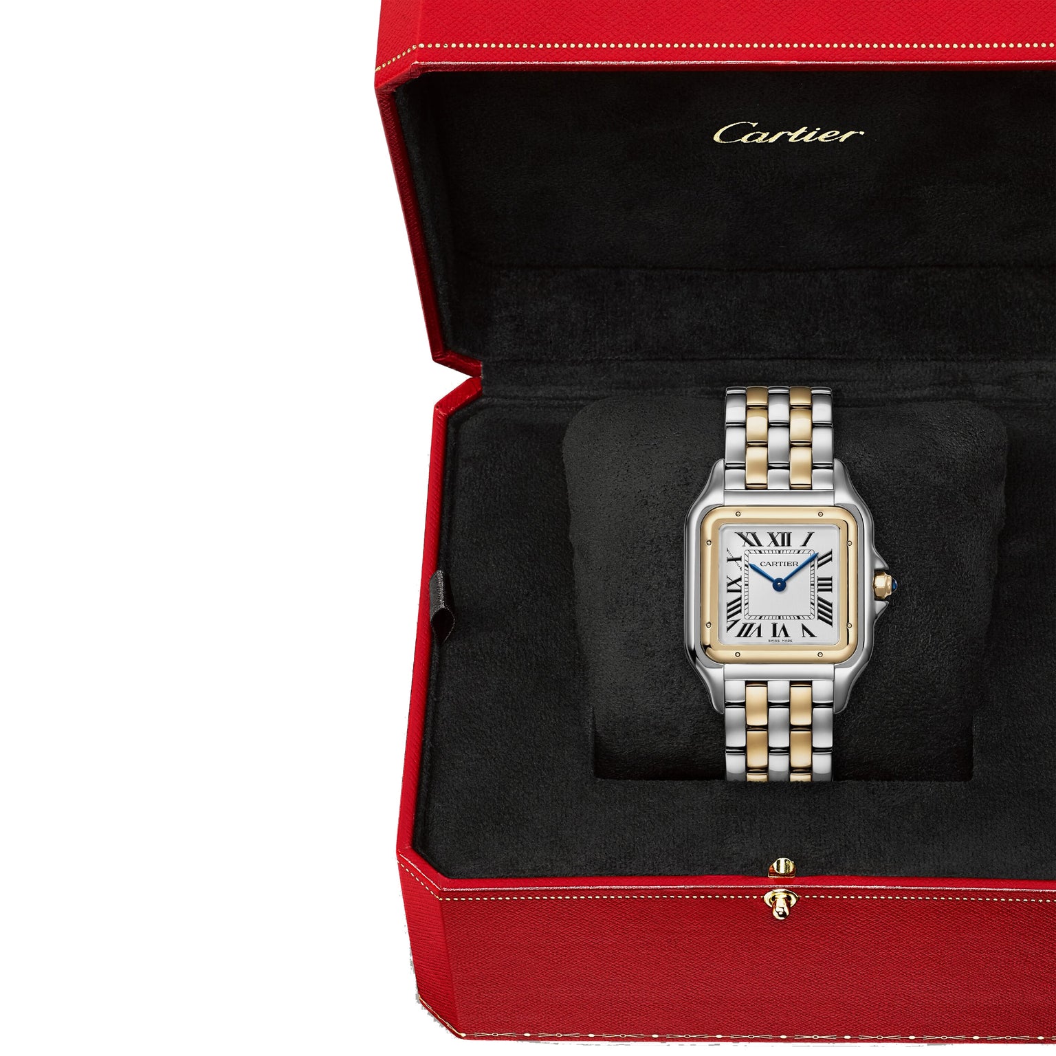 A Cartier Panthère de Cartier wristwatch with a two-tone band and Roman numeral dial is displayed in an open red Cartier box with black interior.