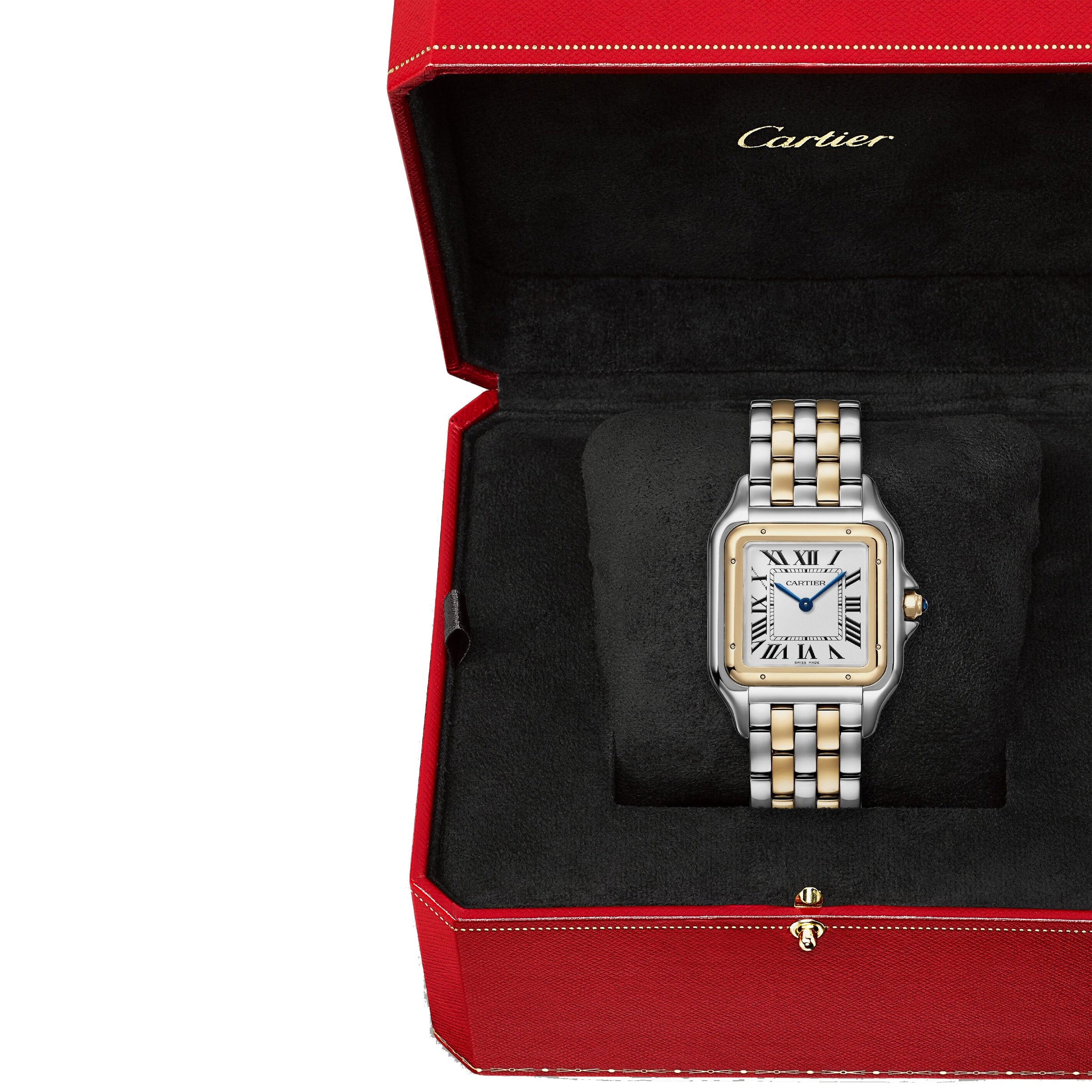 A Cartier Panthère de Cartier wristwatch with a two-tone band and Roman numeral dial is displayed in an open red Cartier box with black interior.