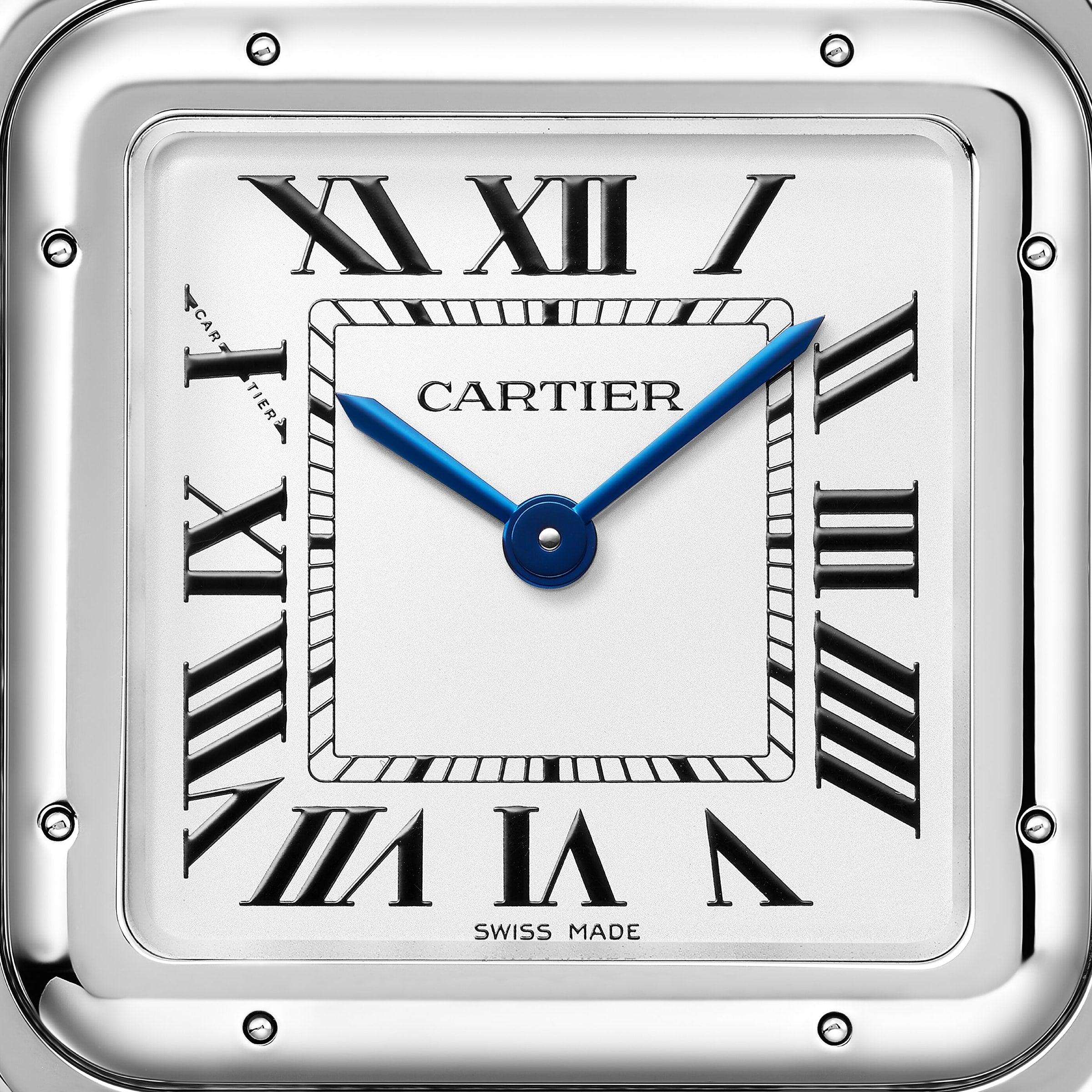 The Panthère de Cartier watch by Cartier features a square face with Roman numerals, blue hands, and Swiss Made at the bottom. Set to 10:10, it exemplifies the timeless elegance of this collection.