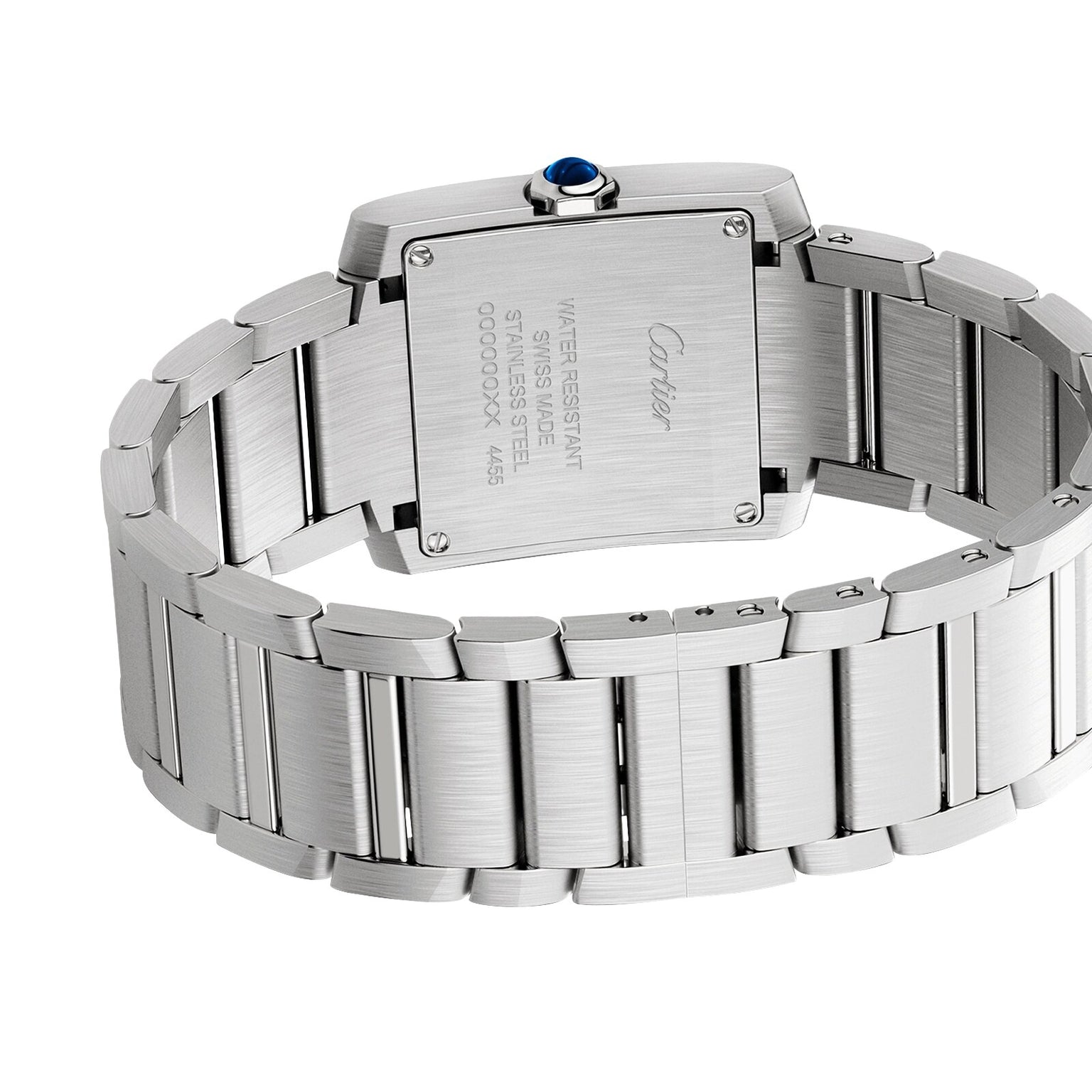 Close-up of the Cartier Tank Françaises back, featuring its stainless steel bracelet and the refined engraved details on the case back.