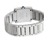 Close-up of the Cartier Tank Françaises back, featuring its stainless steel bracelet and the refined engraved details on the case back.
