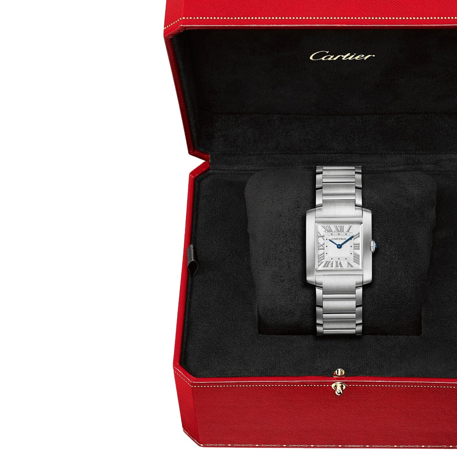 A Cartier Tank Française watch with a silver rectangular case, white dial, and Roman numerals is showcased in a red, velvet-lined Cartier box.