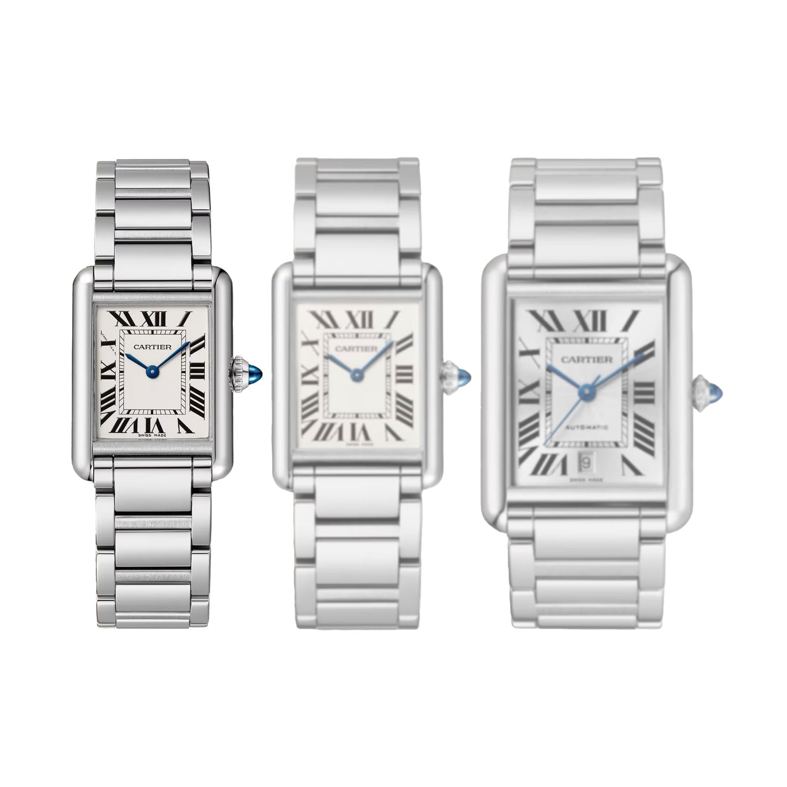 Three Cartier Tank Must de Cartier watches with rectangular silvered dials, Roman numerals, blue gemstone crowns, and quartz movement are displayed side by side on a white background.