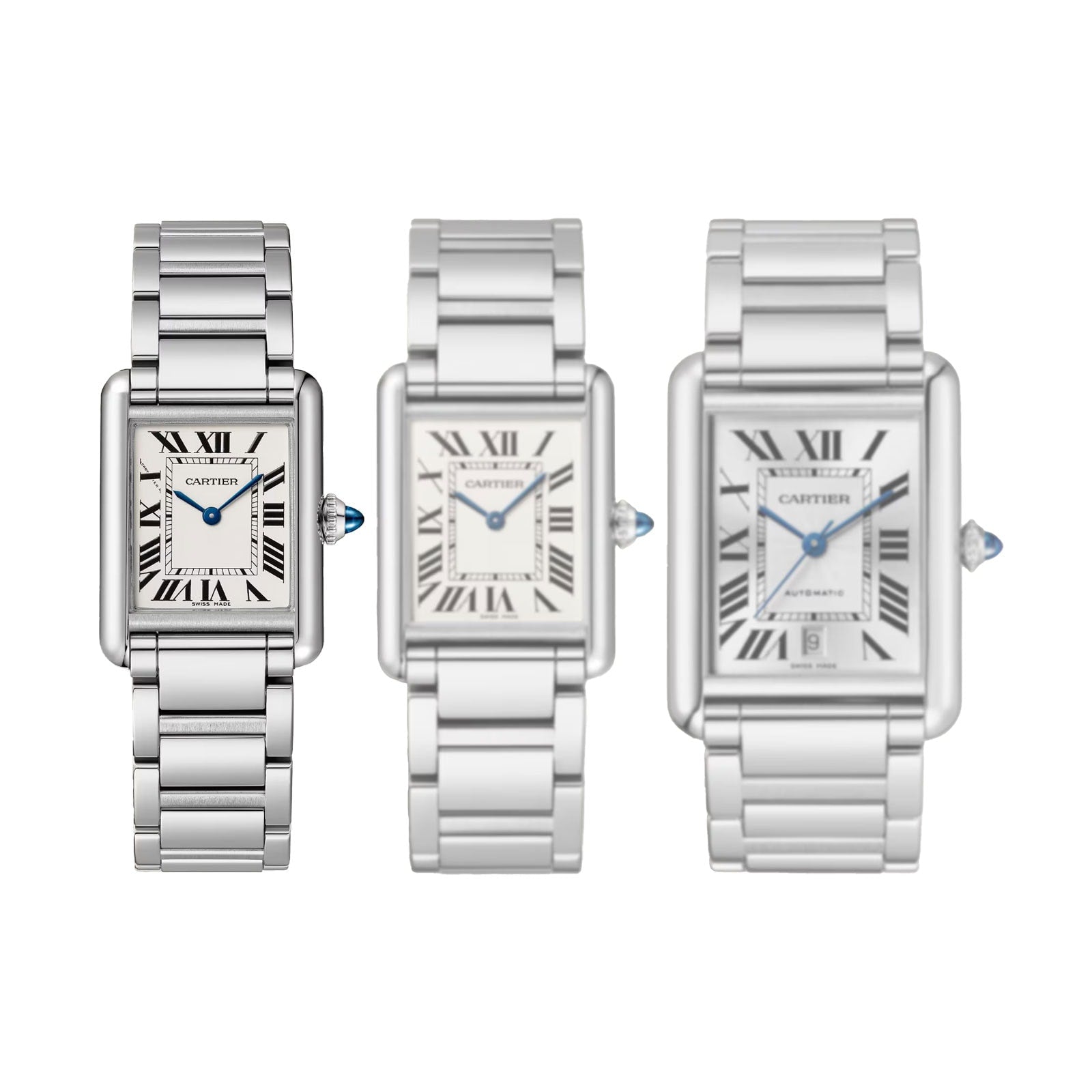 Three Cartier Tank Must de Cartier watches with rectangular silvered dials, Roman numerals, blue gemstone crowns, and quartz movement are displayed side by side on a white background.