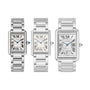 Three Cartier Tank Must de Cartier watches with rectangular silvered dials, Roman numerals, blue gemstone crowns, and quartz movement are displayed side by side on a white background.