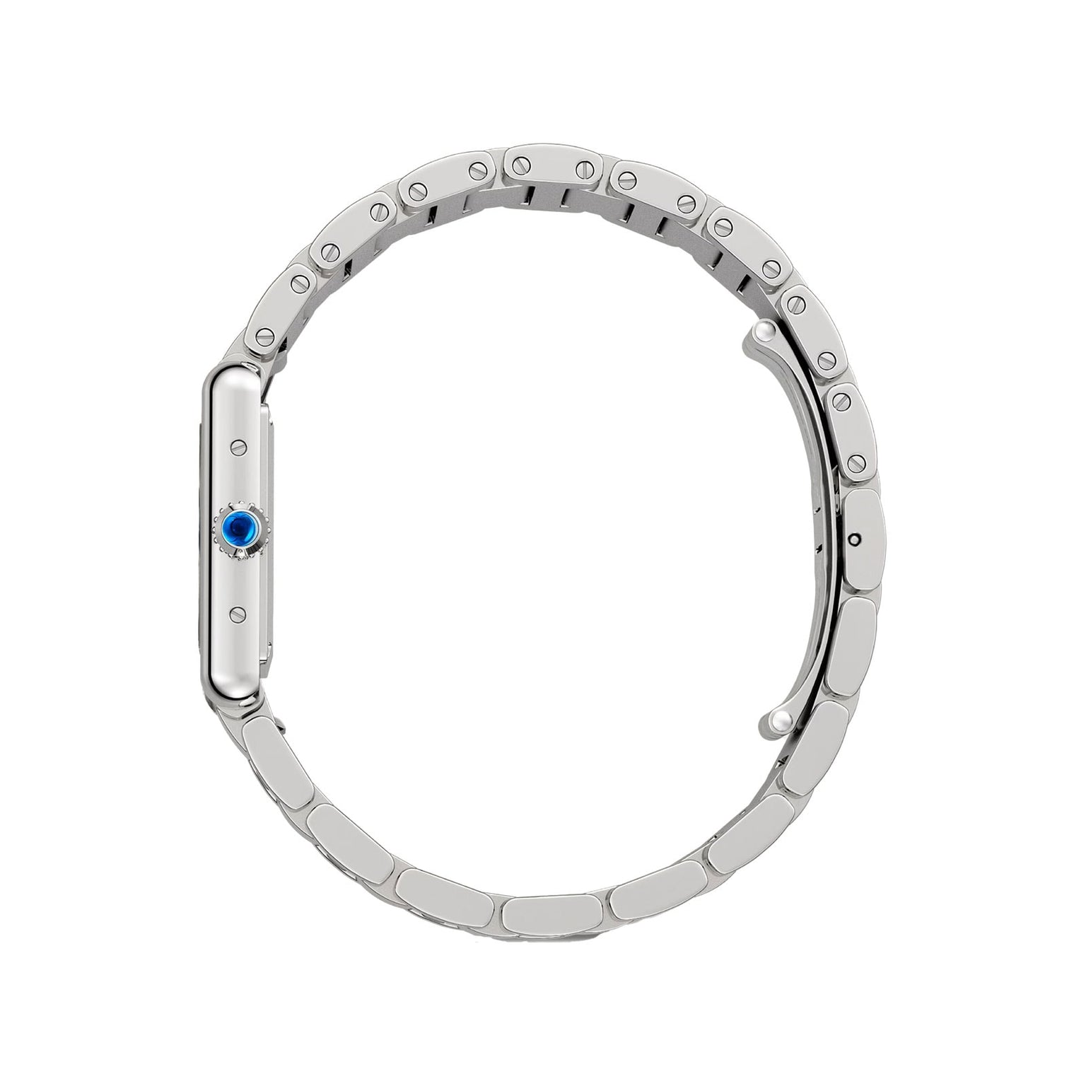 Side view of a Cartier Tank Must de Cartier watch with quartz movement, silver metal bracelet, and a round blue gem on the crown, displayed against a plain white background.
