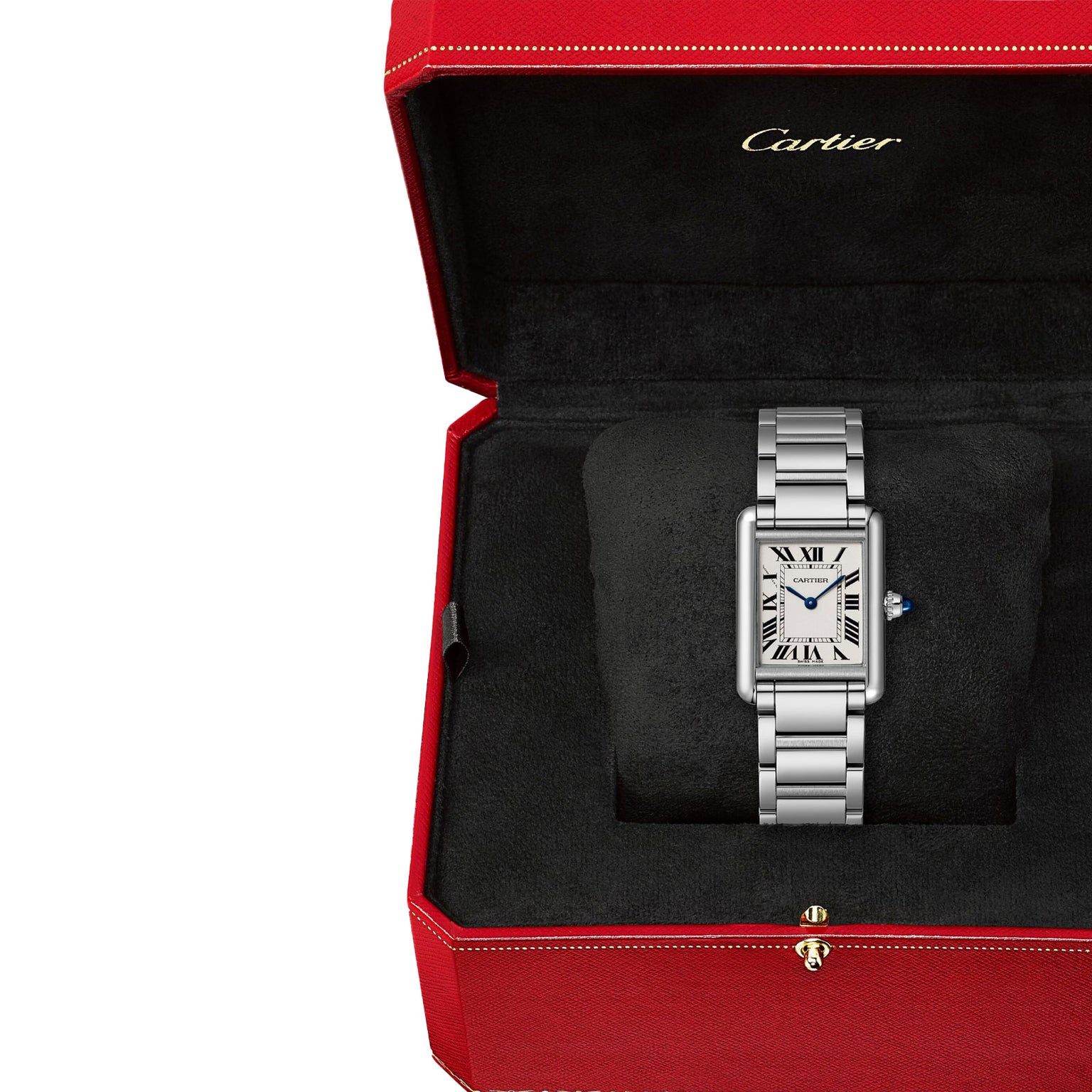 The Cartier Tank Must de Cartier features a rectangular silvered dial with Roman numerals, elegantly presented in a black velvet-lined red Cartier box.