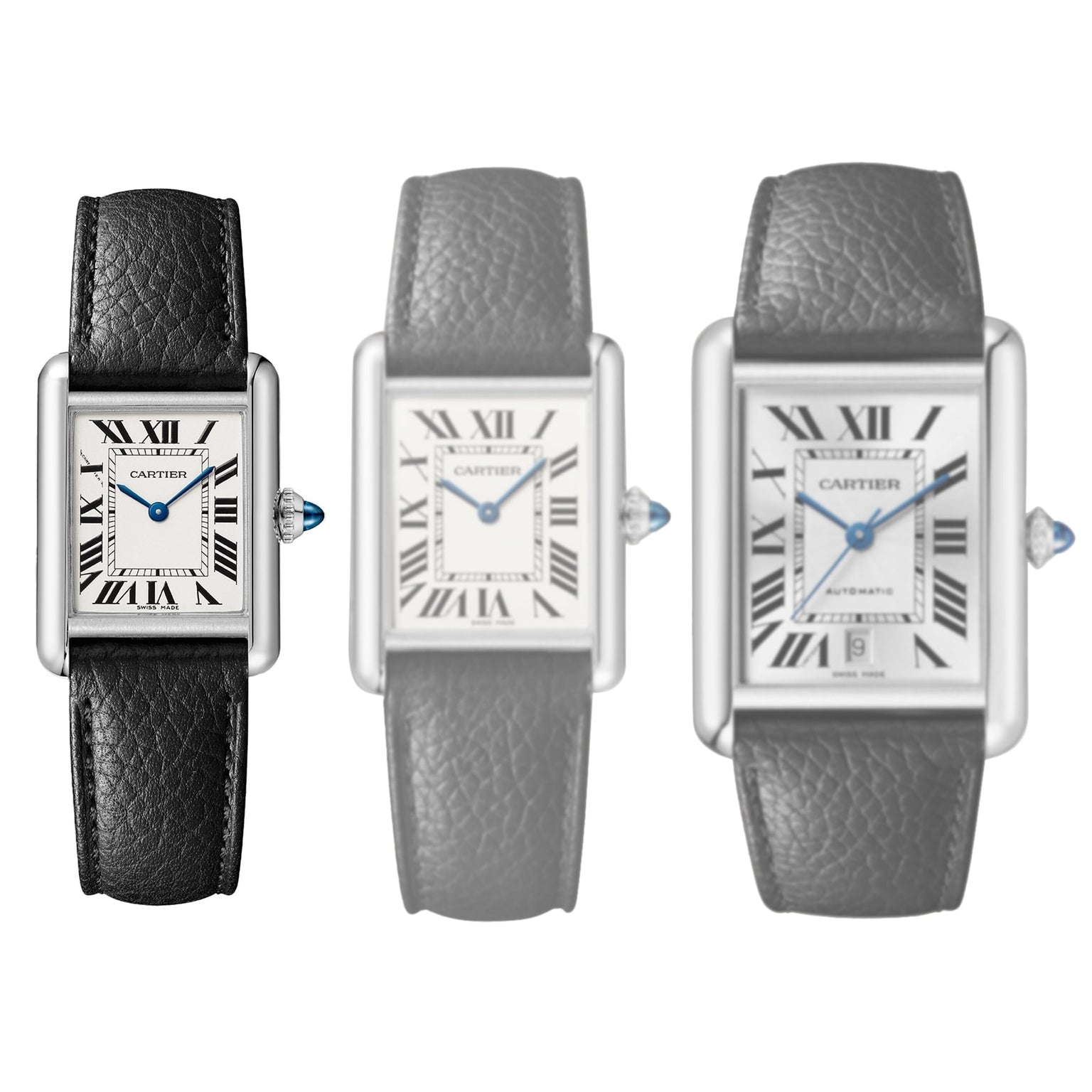 Three Cartier Tank Must de Cartier watches with black leather straps are shown side by side, with the leftmost watch in full color highlighting its signature beaded crown and elegant design, while the other two appear faded.