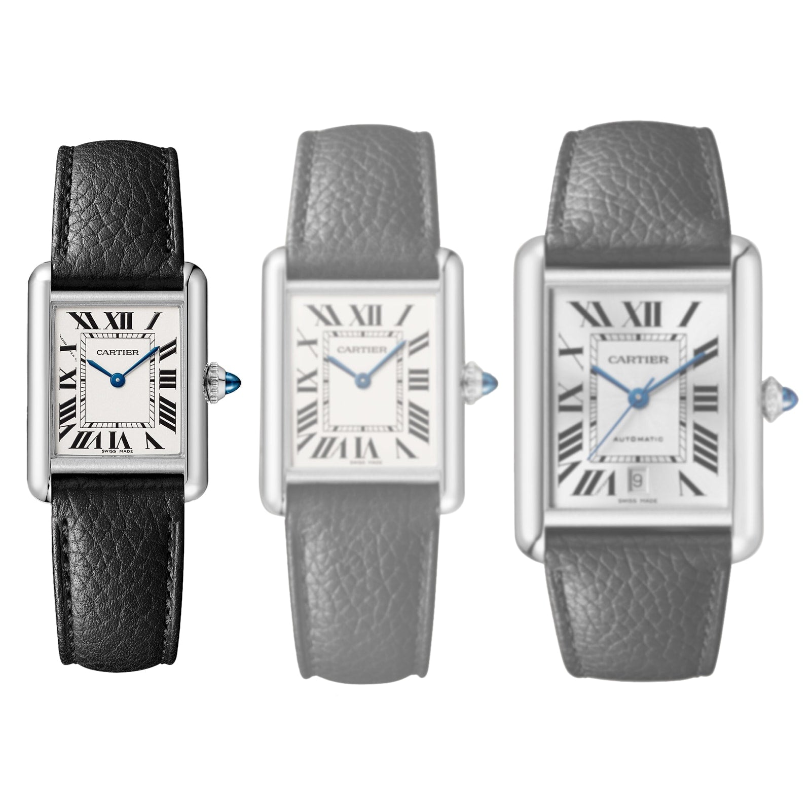 Three Cartier Tank Must de Cartier watches with black leather straps are shown side by side, with the leftmost watch in full color highlighting its signature beaded crown and elegant design, while the other two appear faded.