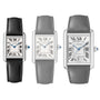 Three Cartier Tank Must de Cartier watches with black leather straps are shown side by side, with the leftmost watch in full color highlighting its signature beaded crown and elegant design, while the other two appear faded.