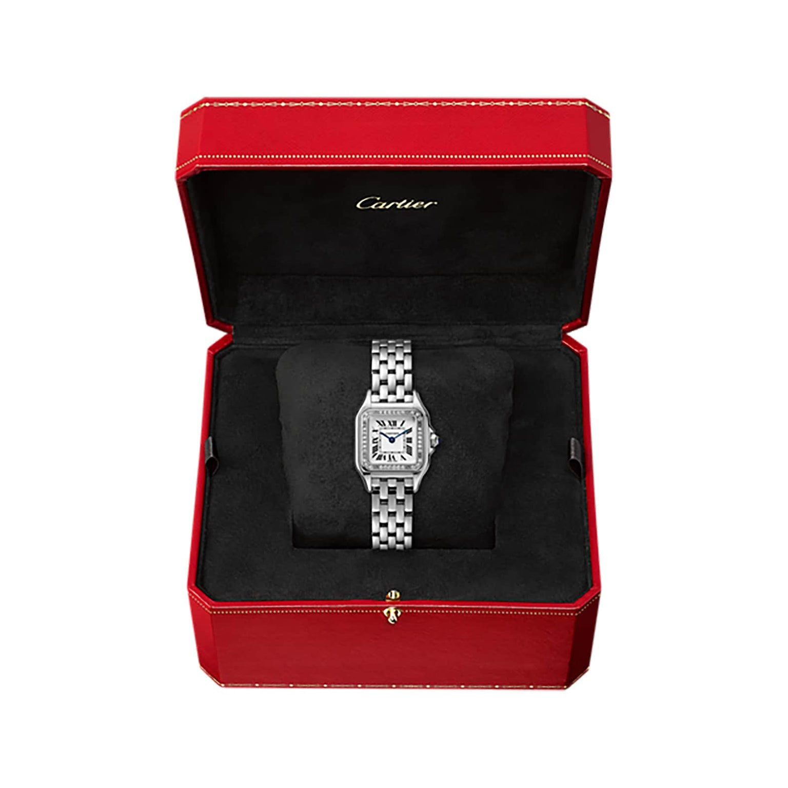The Panthère de Cartier Small Model, a silver Cartier watch with a square face and Roman numerals, is displayed in a red Cartier box with black interior lining.