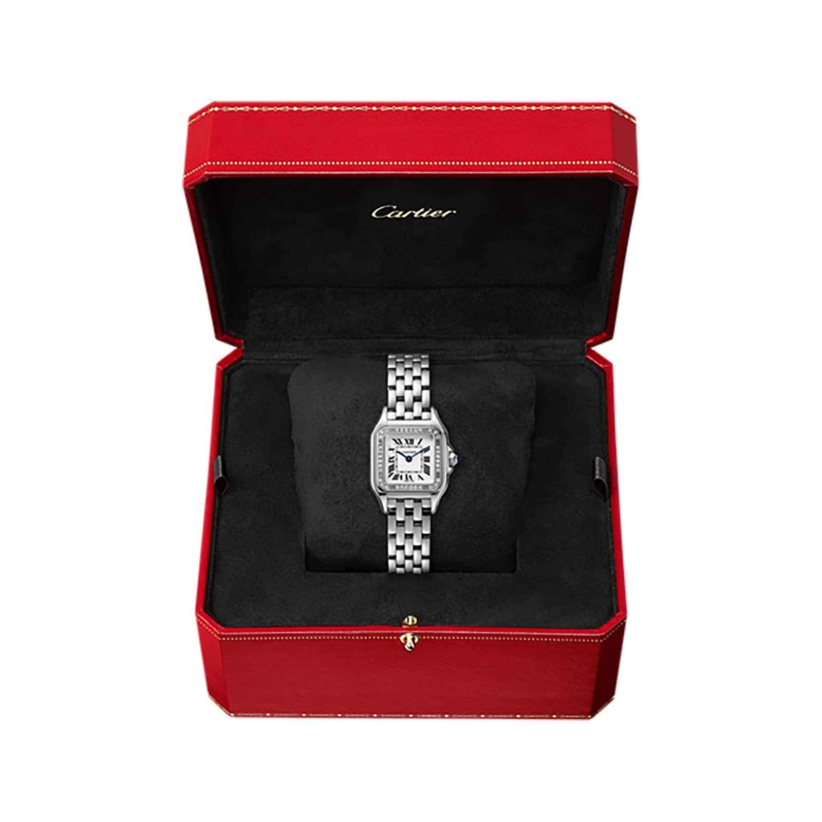 The Panthère de Cartier Small Model, a silver Cartier watch with a square face and Roman numerals, is displayed in a red Cartier box with black interior lining.
