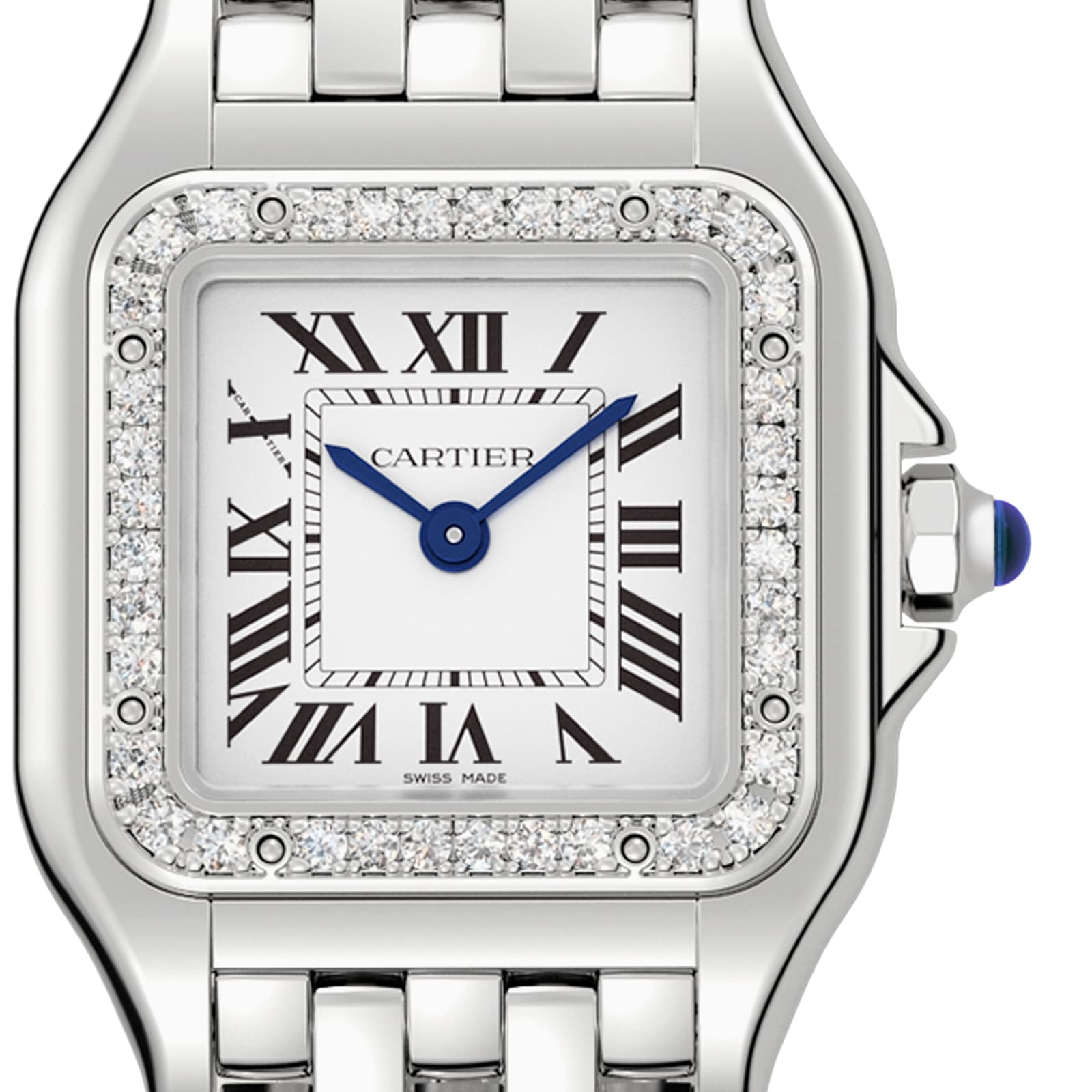 Close-up of the Panthère de Cartier Small Model watch by Cartier, featuring Roman numerals, a diamond bezel, and a silver metal strap.