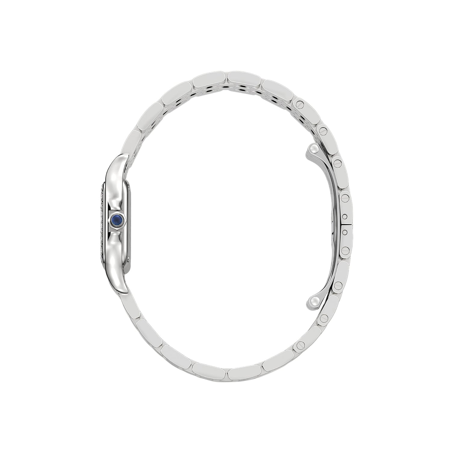 The Cartier Panthère de Cartier Small Model wristwatch features a slim silver profile, metal band, blue crown, and an elegant design that evokes a fine jewellery watch.