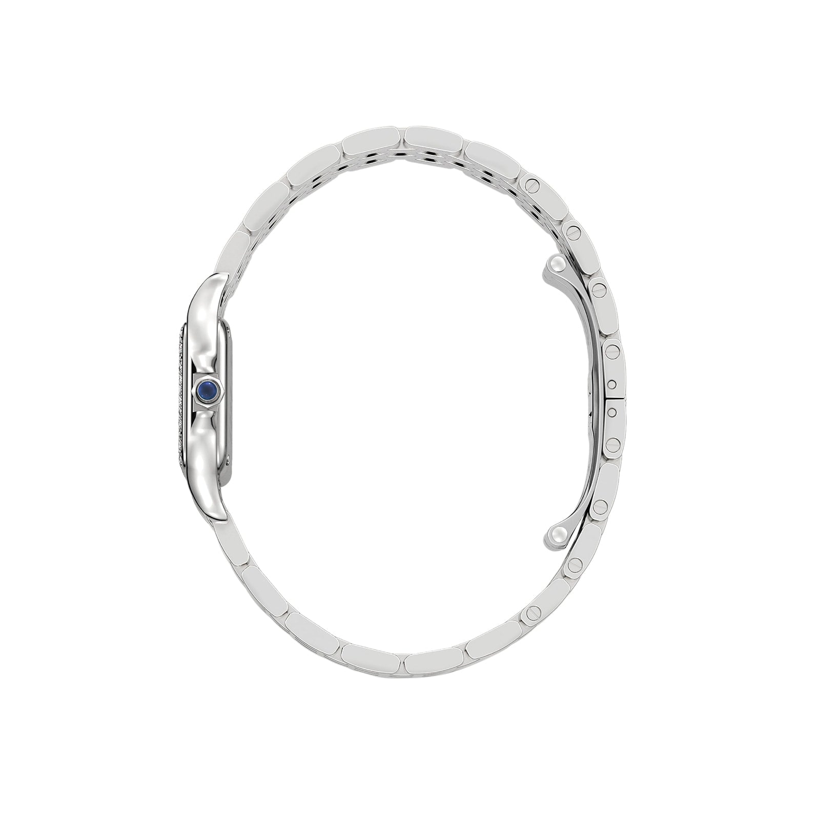 The Cartier Panthère de Cartier Small Model wristwatch features a slim silver profile, metal band, blue crown, and an elegant design that evokes a fine jewellery watch.