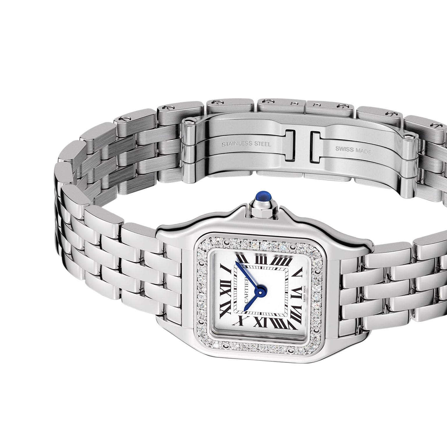 The Cartier Panthère de Cartier Small Model features a silver stainless steel bracelet, square face with Roman numerals, blue hands, brilliant-cut diamond bezel, and a clasp engraved with STAINLESS STEEL and SWISS MADE.