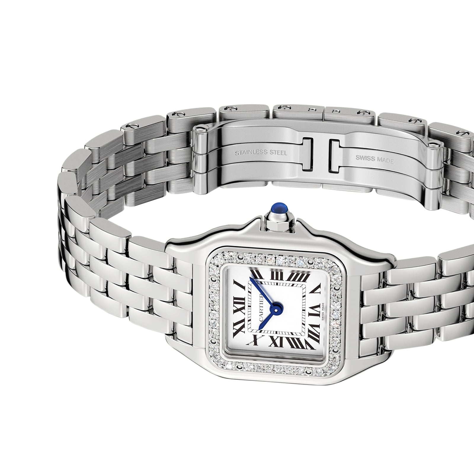 The Cartier Panthère de Cartier Small Model features a silver stainless steel bracelet, square face with Roman numerals, blue hands, brilliant-cut diamond bezel, and a clasp engraved with STAINLESS STEEL and SWISS MADE.