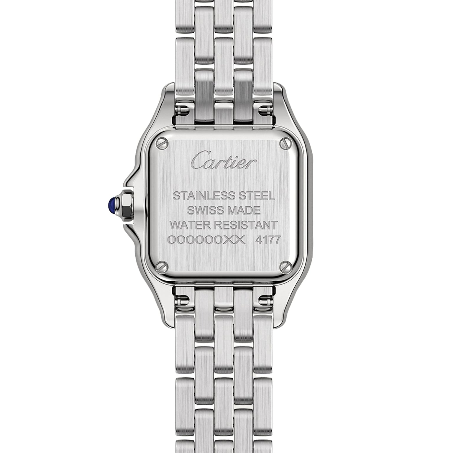 Back view of the Panthère de Cartier Small Model, a stainless steel watch by Cartier, with engraved brand name, material, country of origin, water resistance, serial number, and a visible blue cabochon crown.