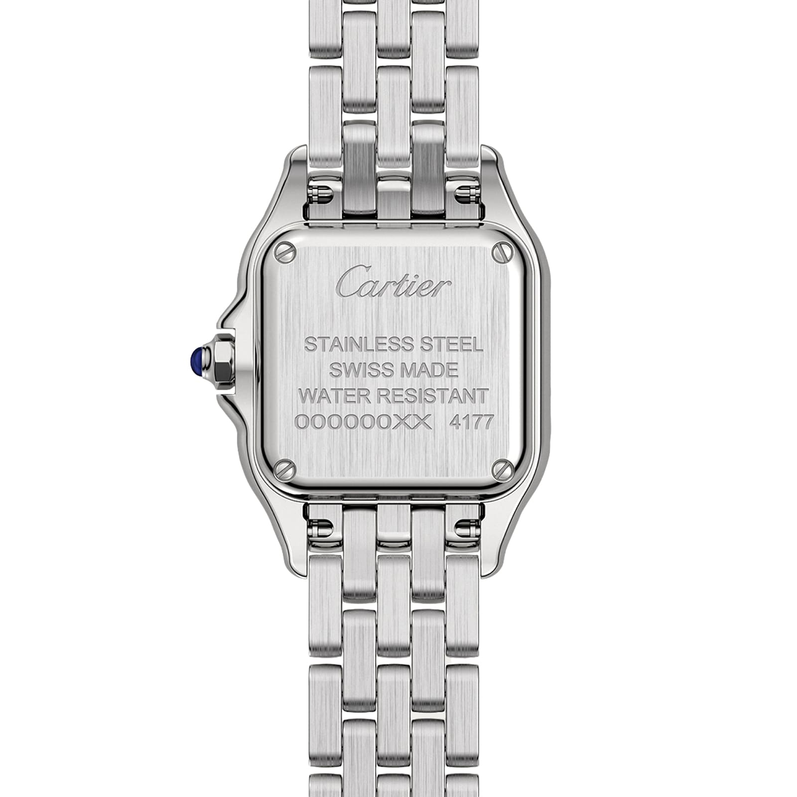Back view of the Panthère de Cartier Small Model, a stainless steel watch by Cartier, with engraved brand name, material, country of origin, water resistance, serial number, and a visible blue cabochon crown.
