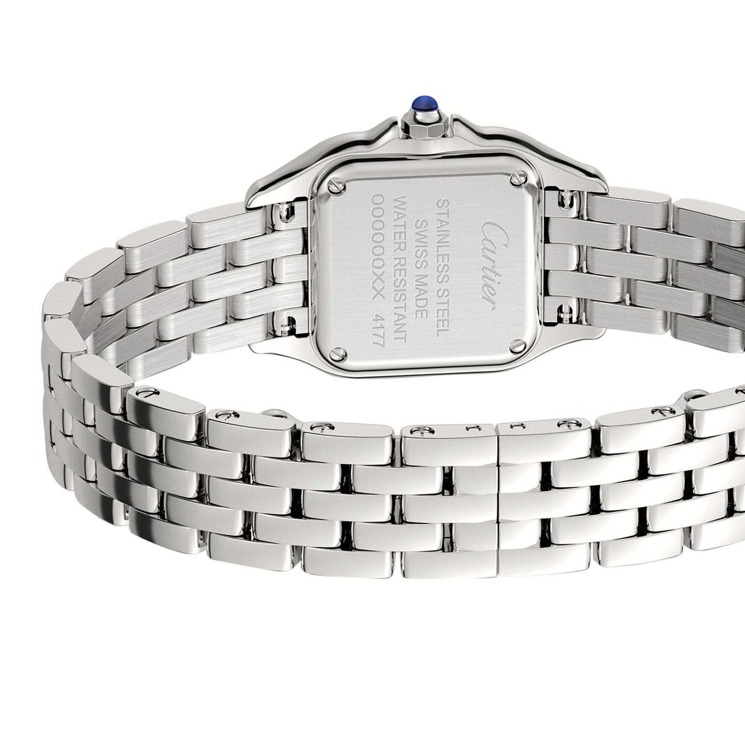 Back view of the Panthère de Cartier Small Model by Cartier, showcasing its engraved stainless steel case back and sophisticated metal bracelet.
