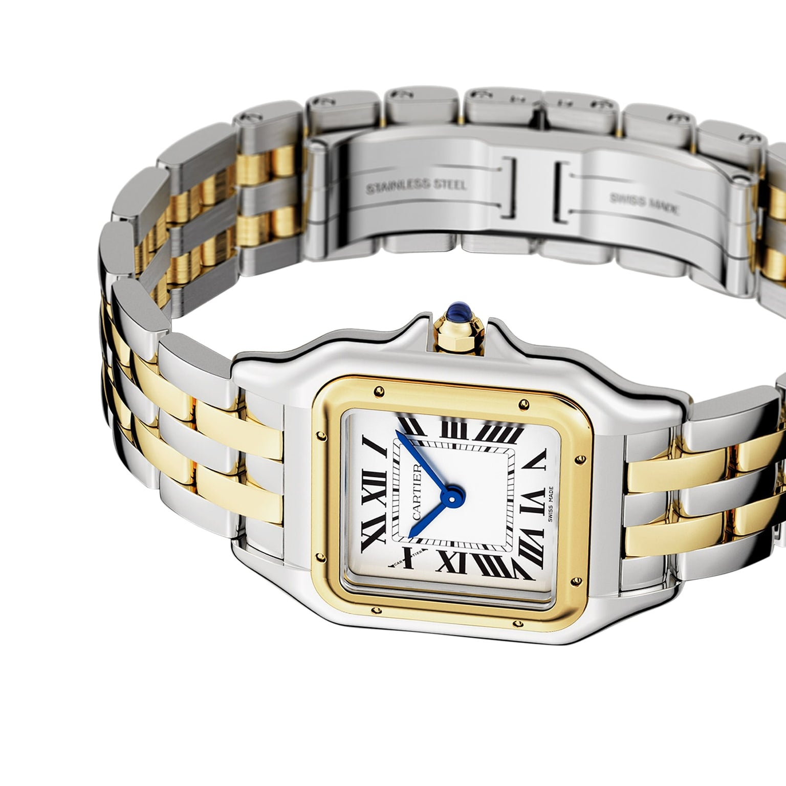 The Cartier Panthère de Cartier watch features a two-tone stainless steel and 18K yellow gold design, square face with Roman numerals, blue hands, sapphire crown, and is displayed on a white background. Inspired by the iconic Panthère de Cartier.