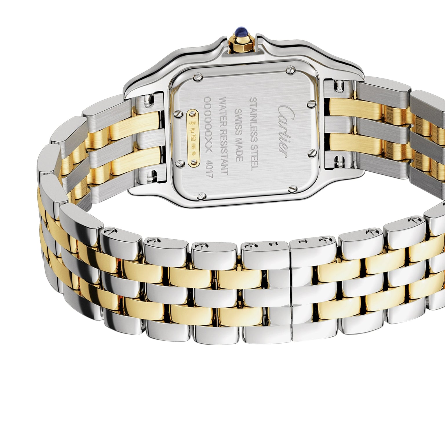Close-up of the Panthère de Cartier watch by Cartier, showcasing its stainless steel and 18K yellow gold bracelet, engraved case back, and a blue gemstone set in the crown.