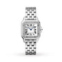 The Panthère de Cartier by Cartier is a jewellery watch with a square face, Roman numerals, blue hands, brilliant-cut diamond bezel, and a sleek silver metal link bracelet.