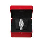 The Cartier Panthère de Cartier wristwatch features a rectangular silver face with brilliant-cut diamonds, presented in a red, velvet-lined jewelry box.