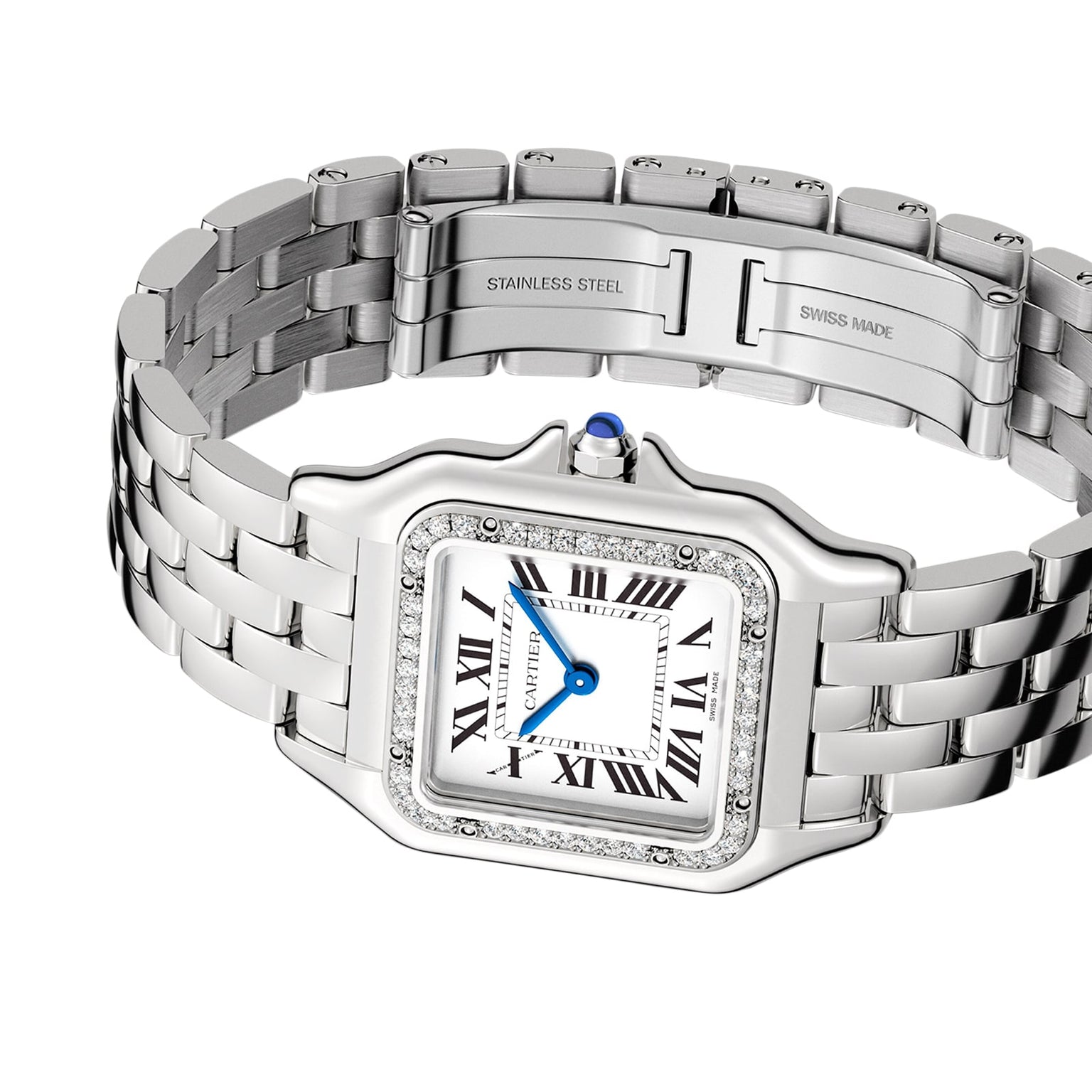 The Panthère de Cartier by Cartier is a silver stainless steel watch with a square face, Roman numerals, diamond bezel, blue crown, and linked band with engraved STAINLESS STEEL and SWISS MADE clasp.