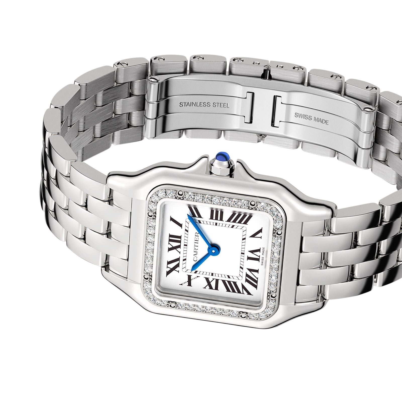 The Panthère de Cartier by Cartier is a silver stainless steel watch with a square face, Roman numerals, diamond bezel, blue crown, and linked band with engraved STAINLESS STEEL and SWISS MADE clasp.
