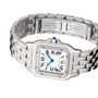 The Panthère de Cartier by Cartier is a silver stainless steel watch with a square face, Roman numerals, diamond bezel, blue crown, and linked band with engraved STAINLESS STEEL and SWISS MADE clasp.