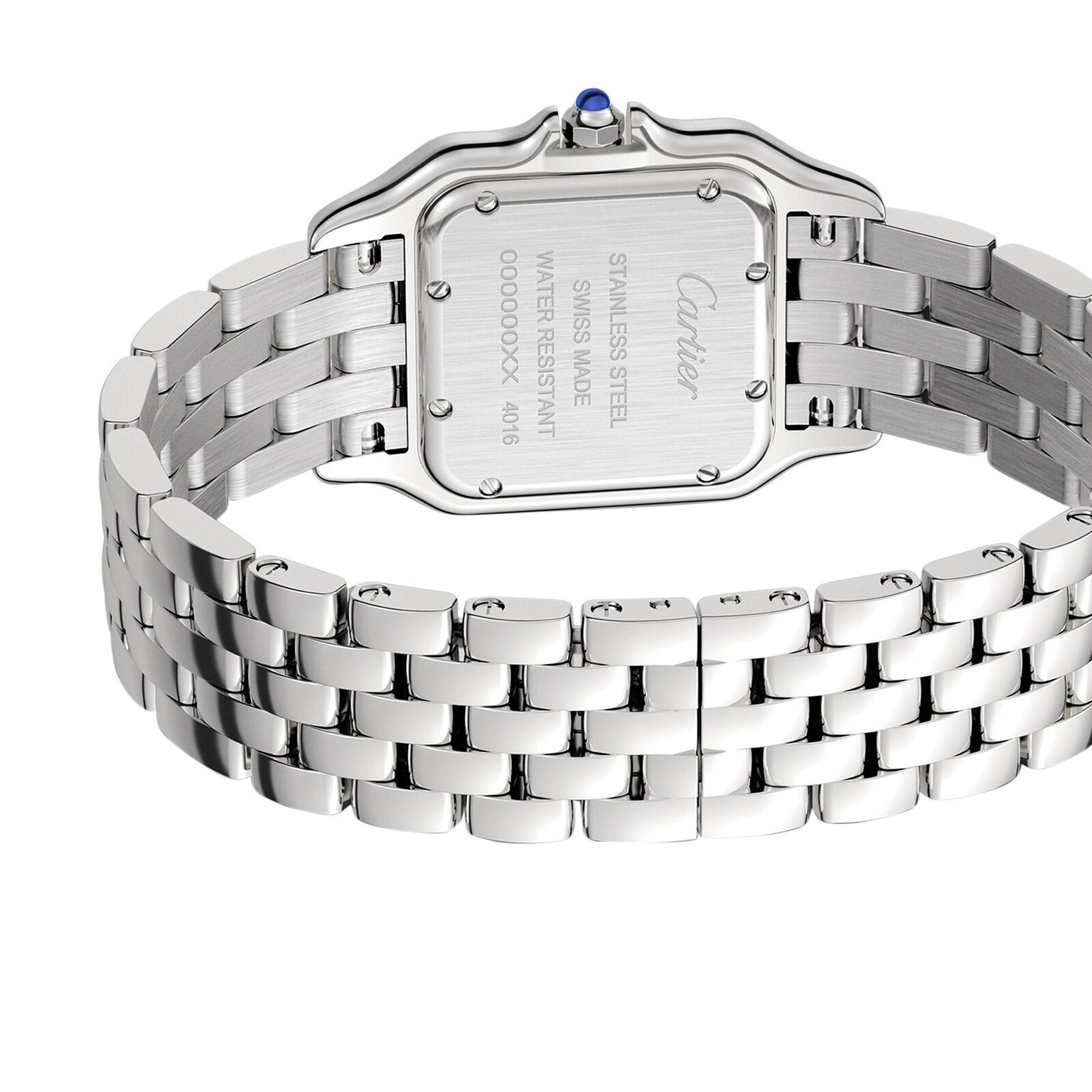 A close-up of the back of the stainless steel Panthère de Cartier wristwatch by Cartier, featuring a metal link bracelet, engraved details, and a blue cabochon crown that embody the brand’s signature jewellery watch elegance.