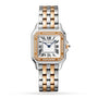 The Panthère de Cartier by Cartier is a two-tone watch with a rectangular face, Roman numeral markers, an 18K rose gold and silver link bracelet, and a diamond-set bezel for extra elegance.
