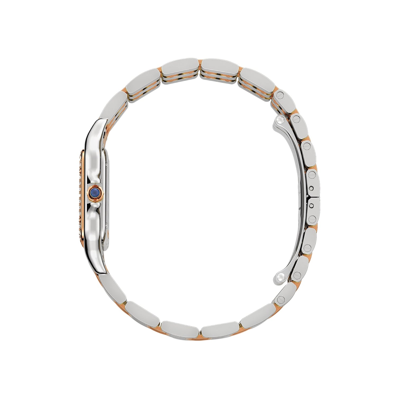 The Panthère de Cartier watch by Cartier is displayed from the side, featuring a silver and 18K rose gold metal link band, a round crown with a blue accent, and a dazzling diamond-set bezel.
