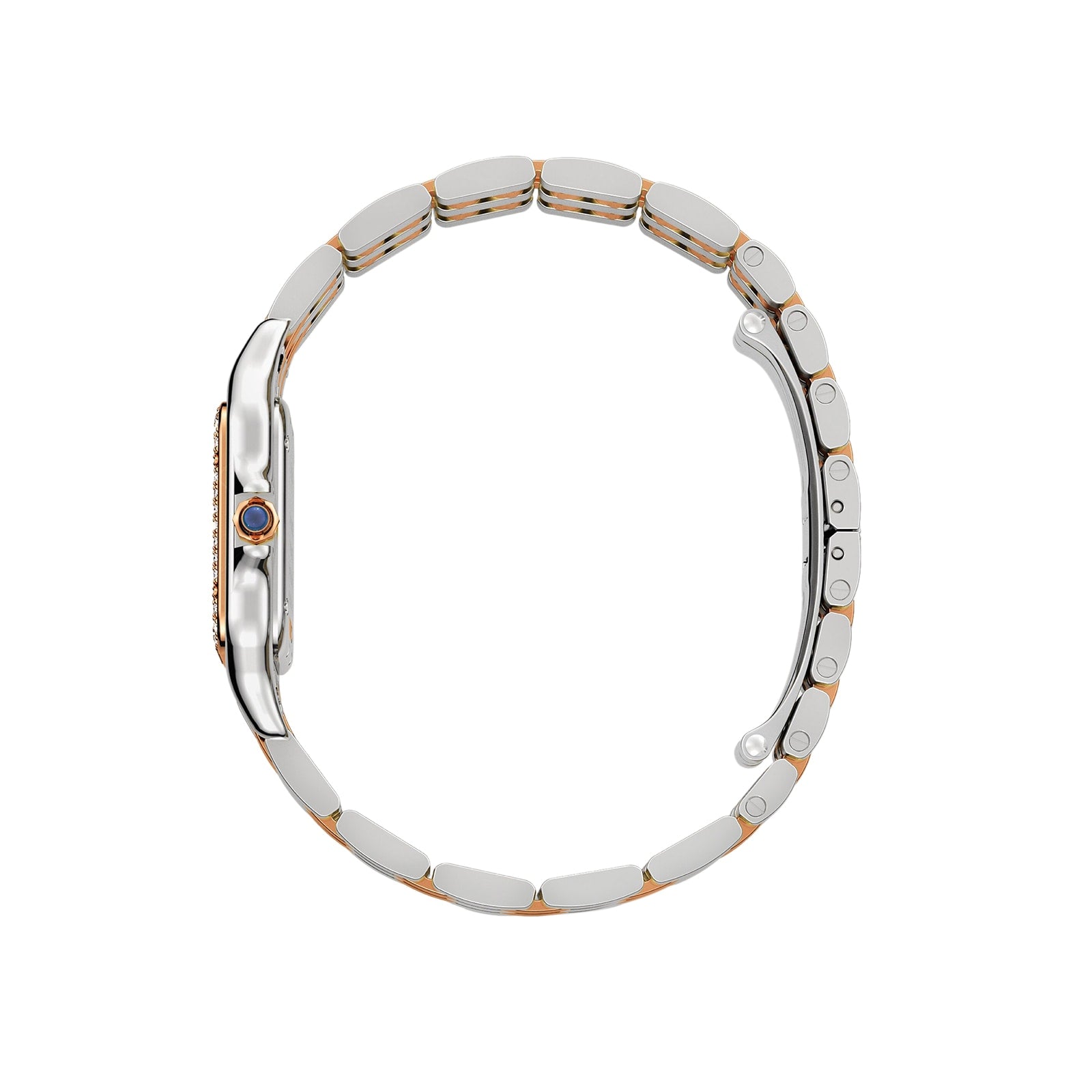 The Panthère de Cartier watch by Cartier is displayed from the side, featuring a silver and 18K rose gold metal link band, a round crown with a blue accent, and a dazzling diamond-set bezel.