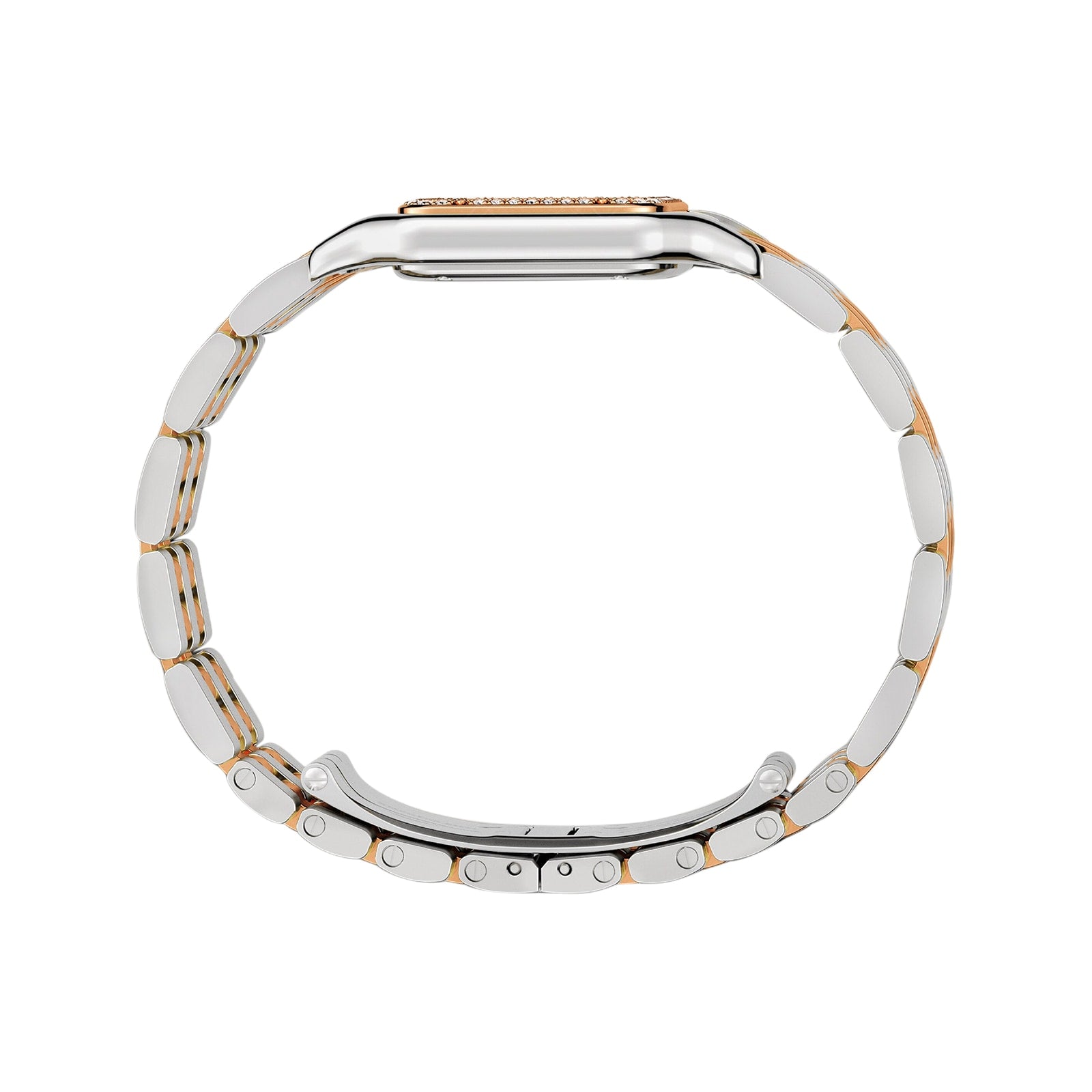 Side view of the Panthère de Cartier watch by Cartier, featuring a silver and gold-tone link band, a rectangular case, and an elegant diamond-set bezel.
