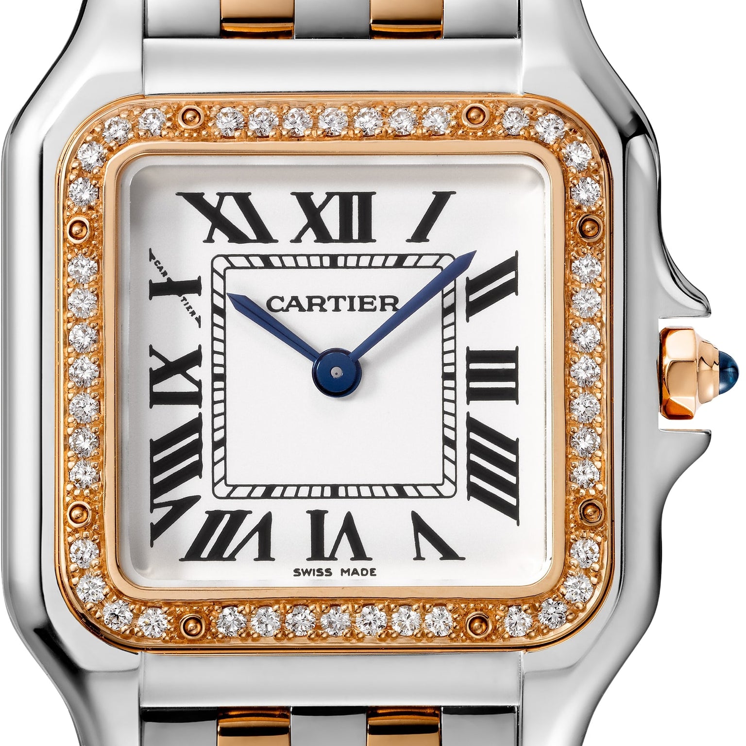 Close-up of the Panthère de Cartier watch by Cartier, featuring a square face, Roman numeral hour markers, diamond-set bezel, two-tone bracelet, and blue hands set at 10:10—showcasing the luxury of this exquisite timepiece.