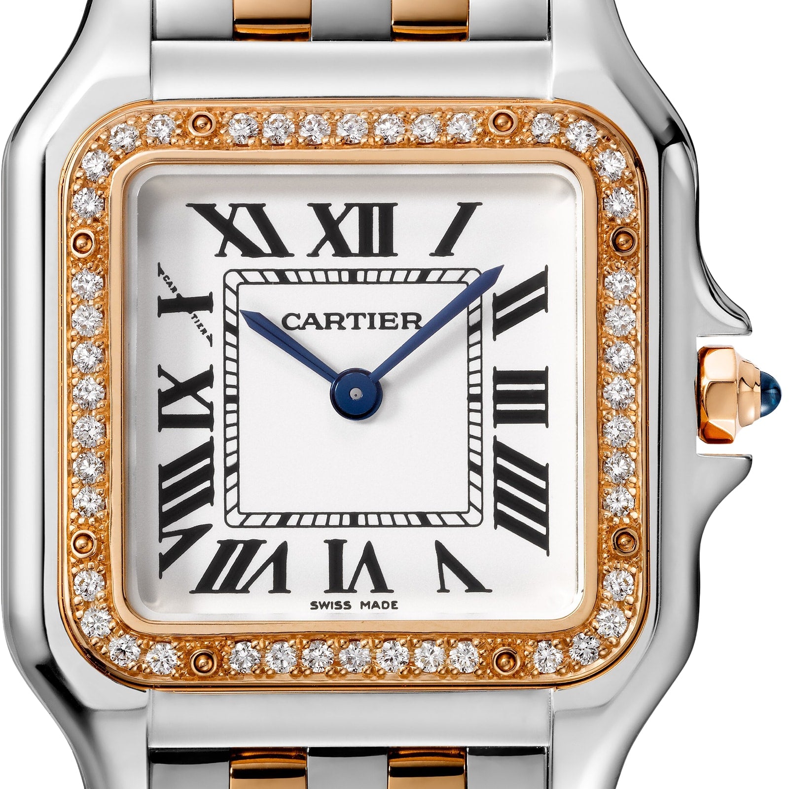 Close-up of the Panthère de Cartier watch by Cartier, featuring a square face, Roman numeral hour markers, diamond-set bezel, two-tone bracelet, and blue hands set at 10:10—showcasing the luxury of this exquisite timepiece.