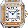 Close-up of the Panthère de Cartier watch by Cartier, featuring a square face, Roman numeral hour markers, diamond-set bezel, two-tone bracelet, and blue hands set at 10:10—showcasing the luxury of this exquisite timepiece.