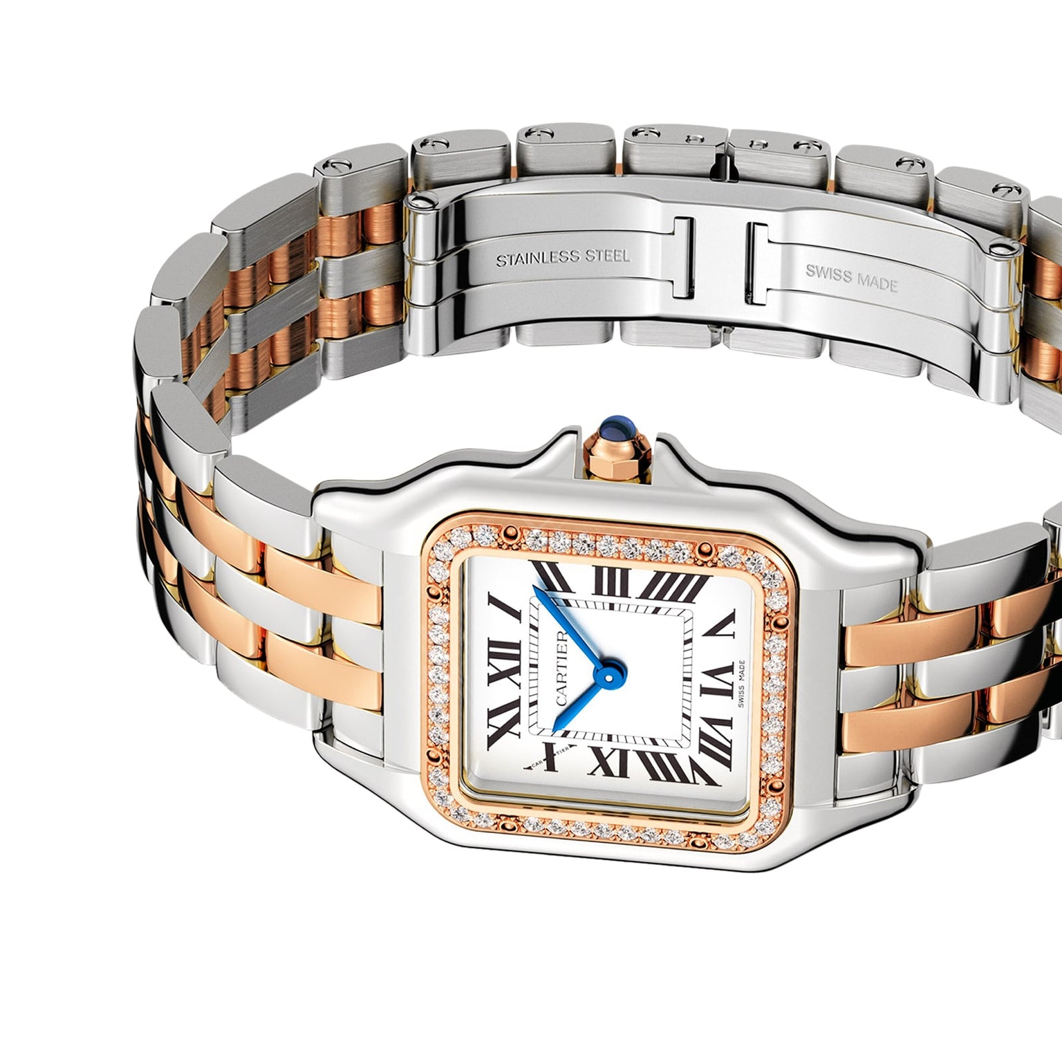The Panthère de Cartier watch by Cartier features a two-tone design with a square face, Roman numerals, blue hands, 18K rose gold accents, diamond-set bezel, and a stainless steel and rose gold bracelet.