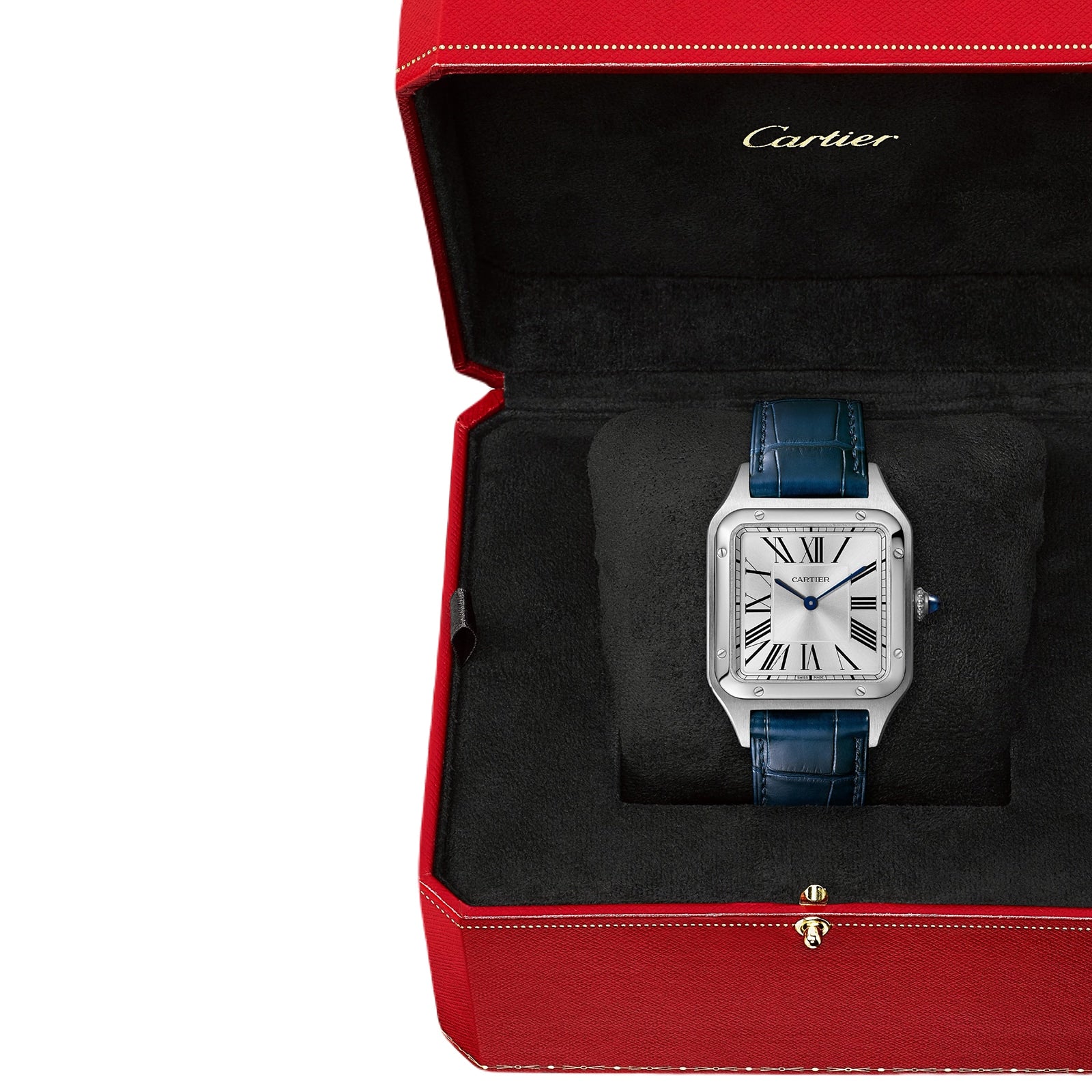 A Cartier Santos-Dumont watch with a square face and blue strap is shown in an open red Cartier box lined with black fabric.
